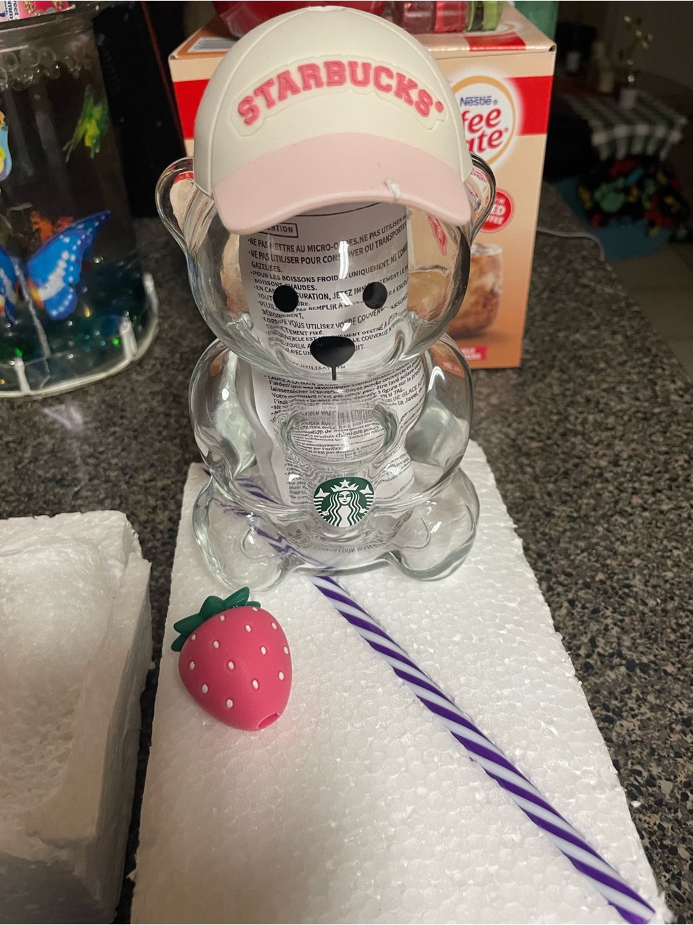 Starbucks Clear Bear Bottle With Pink Cap and Green Logo